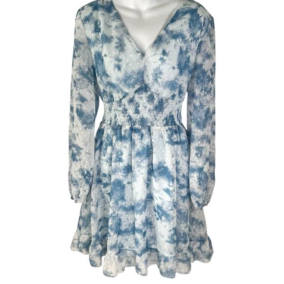 Fit & Flare Swiftie Dress Sz XL Blue White Balloon Sleeve Ruffle Floral Romantic - Picture 1 of 16